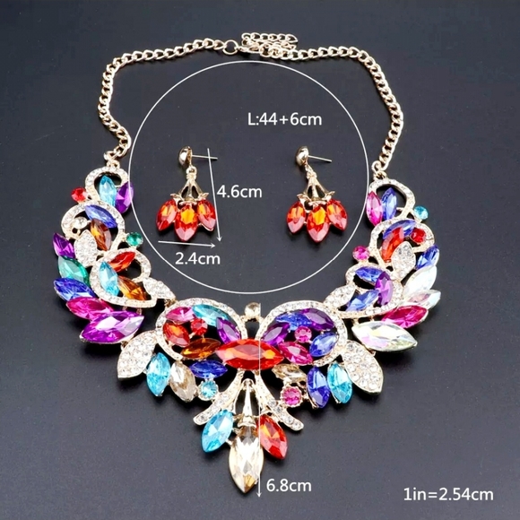 18K gold plated multi color rainbow crystal Necklace earrings set - Picture 6 of 16